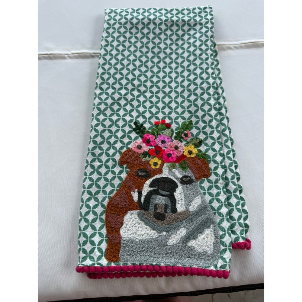 Karma Living Cotton Tea Towel Bulldog Flower Crown Pom Pom Trim 19 " x 27 "